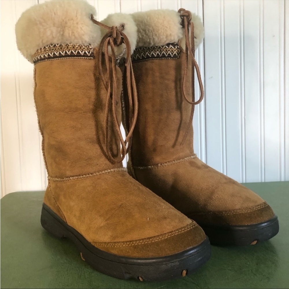 𝅺New UGG brown tan Ultimate Tie Cuff Tall Shearling Boots #5273 sz 6